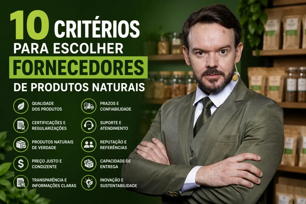 Banner com o mentor de produtos naturais e os 10 critérios para escolher fornecedores de produtos naturais