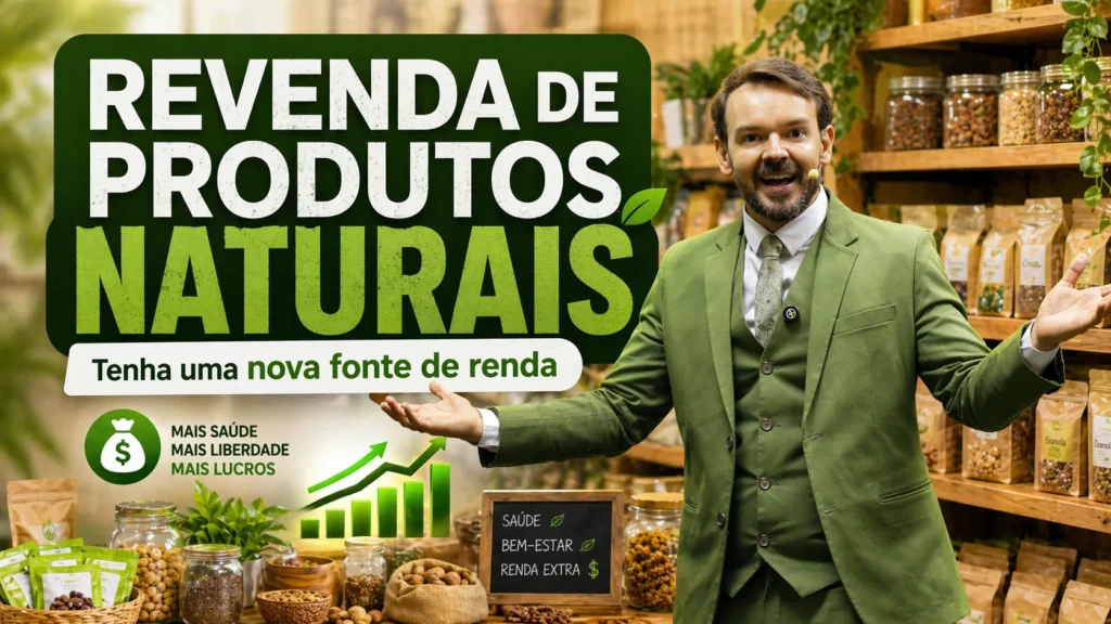 Banner com o mentor em destaque celebrando a revenda de produtos naturais como nova fonte de renda
