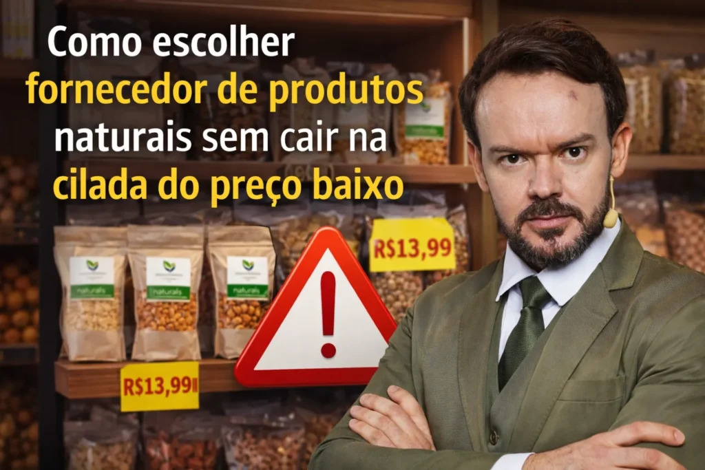 Mentor de produtos naturais em frente a prateleiras, alertando sobre como escolher fornecedor sem cair na cilada do preço baixo