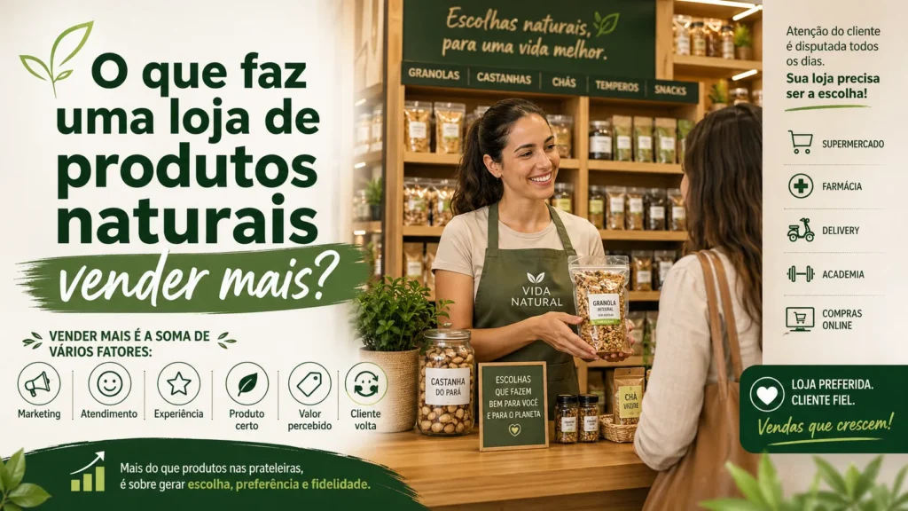 Banner sobre o que faz uma loja de produtos naturais vender mais, com atendimento na loja e destaque para fatores que influenciam as vendas
