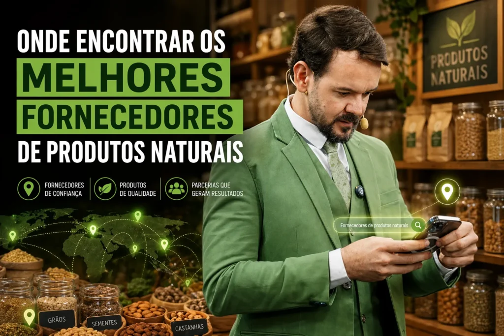 Banner com mentor pesquisando no celular sobre onde encontrar os melhores fornecedores de produtos naturais
