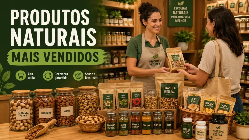 Banner de loja de produtos naturais com atendente mostrando os produtos naturais mais vendidos para uma cliente