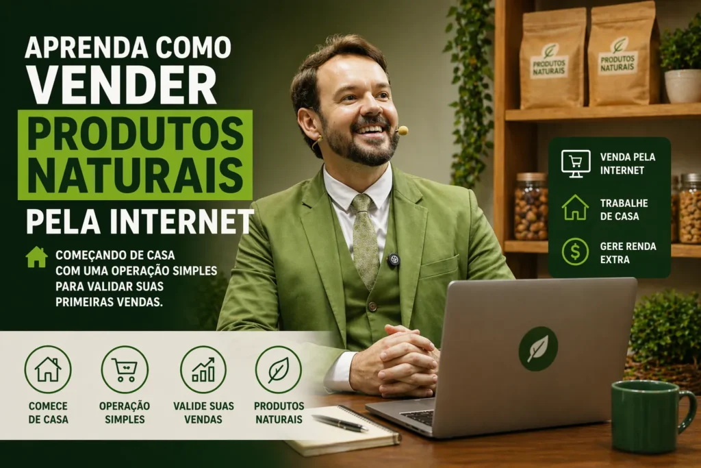 Banner com o mentor em home office ensinando como vender produtos naturais pela internet começando de casa