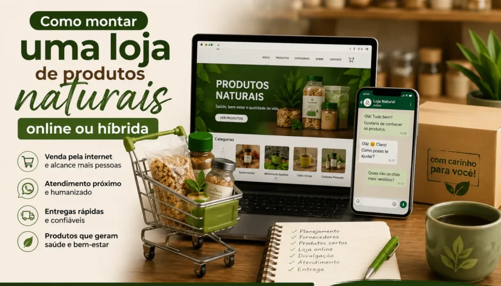 Banner sobre como montar uma loja de produtos naturais online ou híbrida, com notebook, celular, atendimento pelo WhatsApp e produtos naturais em destaque