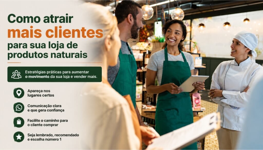 Banner sobre como atrair mais clientes para loja de produtos naturais, com equipe conversando em um ambiente de atendimento e vendas