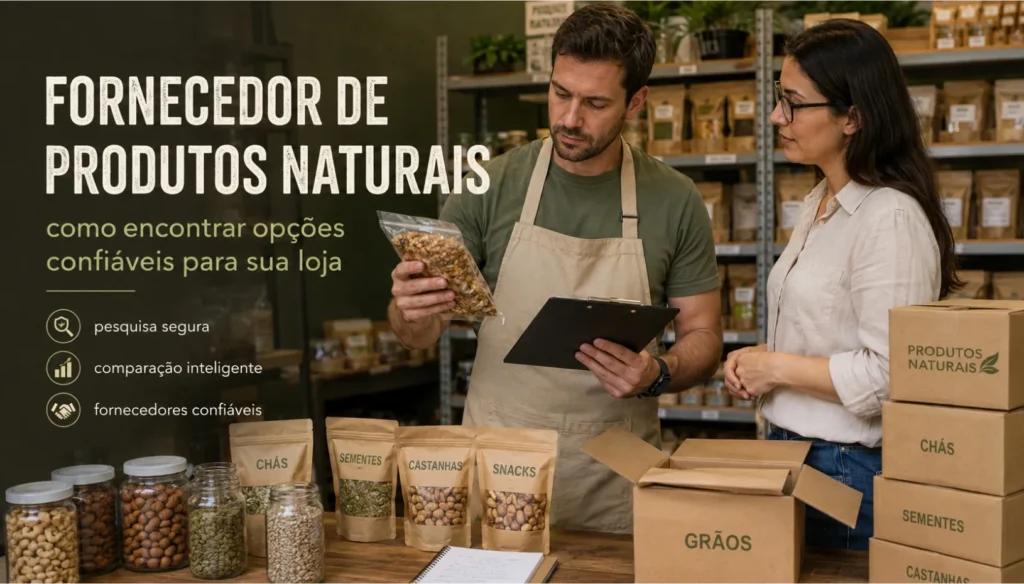 Banner sobre como encontrar fornecedores confiáveis de produtos naturais para loja, com análise de produtos, comparação e escolha de fornecedores