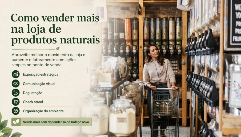 Banner sobre como vender mais na loja de produtos naturais, com cliente em ambiente de produtos a granel e destaque para exposição, comunicação visual e organização do ponto de venda