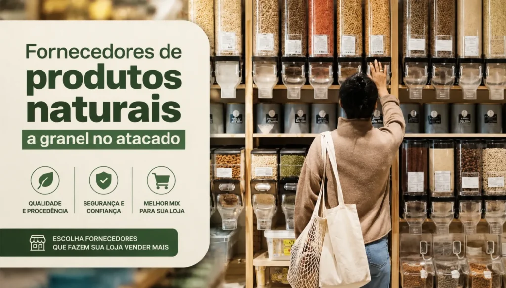 Banner sobre fornecedores de produtos naturais a granel no atacado, com cliente observando dispensers de grãos e produtos a granel em loja natural