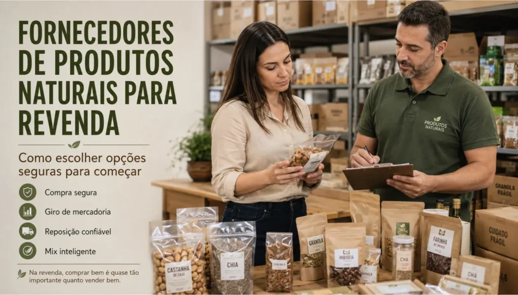 Banner sobre fornecedores de produtos naturais para revenda, com análise de produtos, compra segura e escolha de opções confiáveis para começar