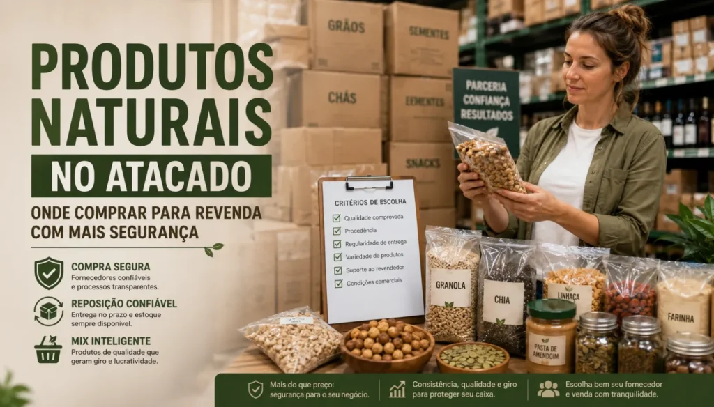 Banner sobre produtos naturais no atacado, com foco em compra segura para revenda e escolha de fornecedores confiáveis