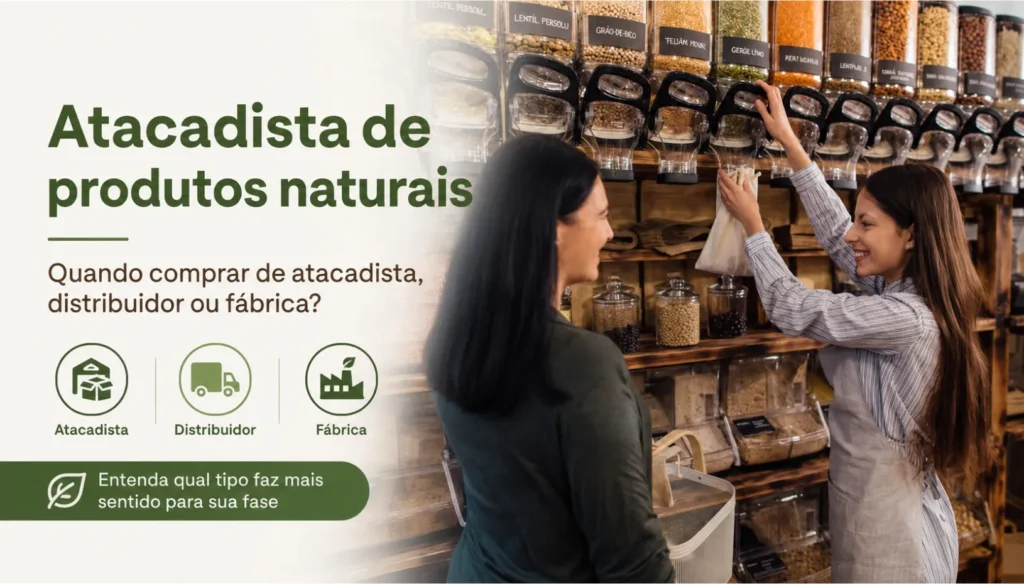 Banner sobre atacadista de produtos naturais, explicando quando comprar de atacadista, distribuidor ou fábrica