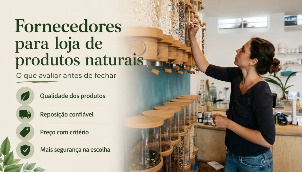 Banner sobre fornecedores para loja de produtos naturais, com foco em avaliação de qualidade, reposição, preço e segurança na escolha