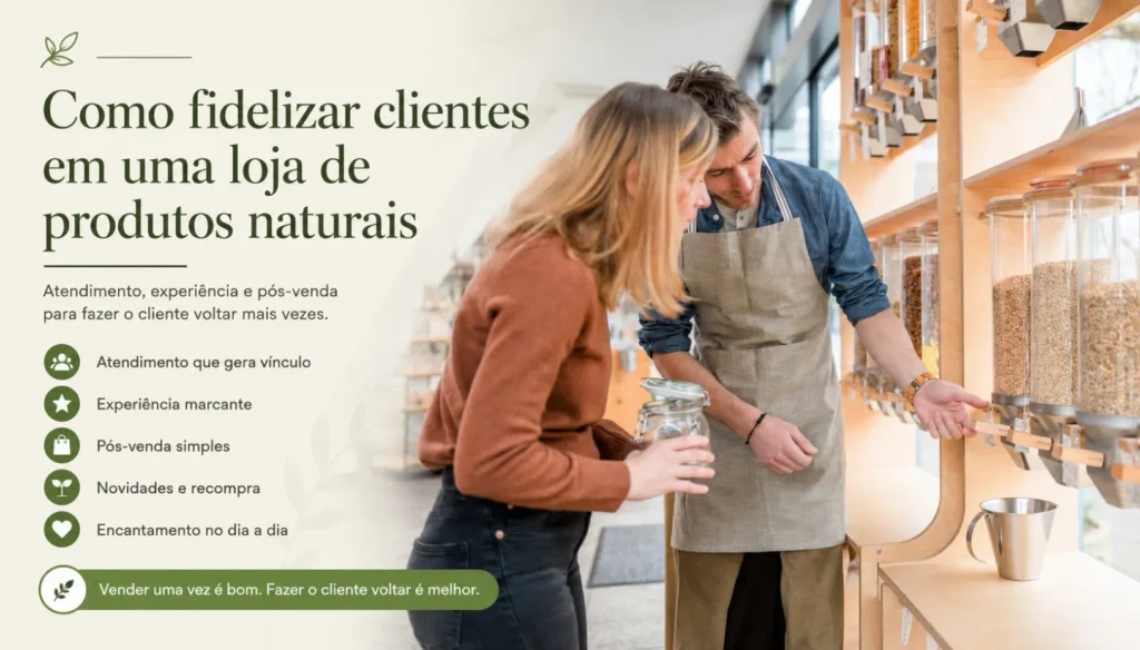 Banner sobre como fidelizar clientes em uma loja de produtos naturais, com atendimento próximo e orientação ao cliente no setor de produtos a granel